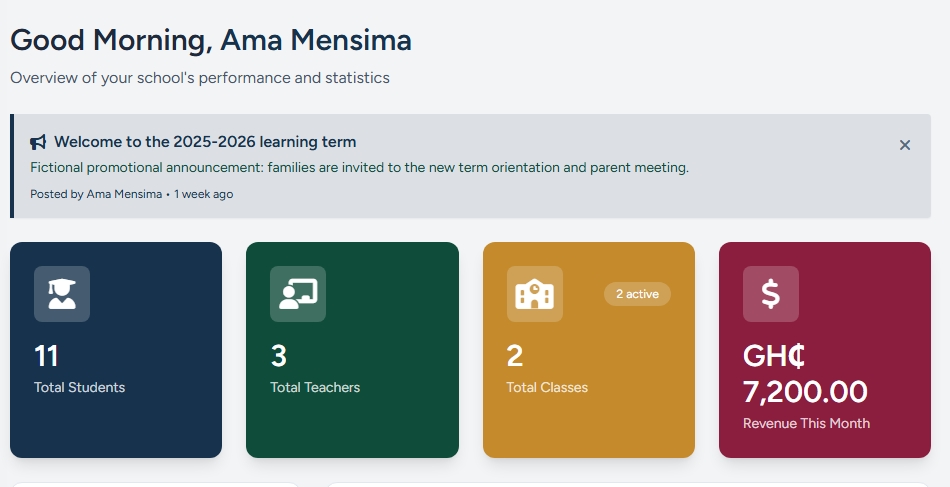 ASMS dashboard screenshot showing school operations in one place